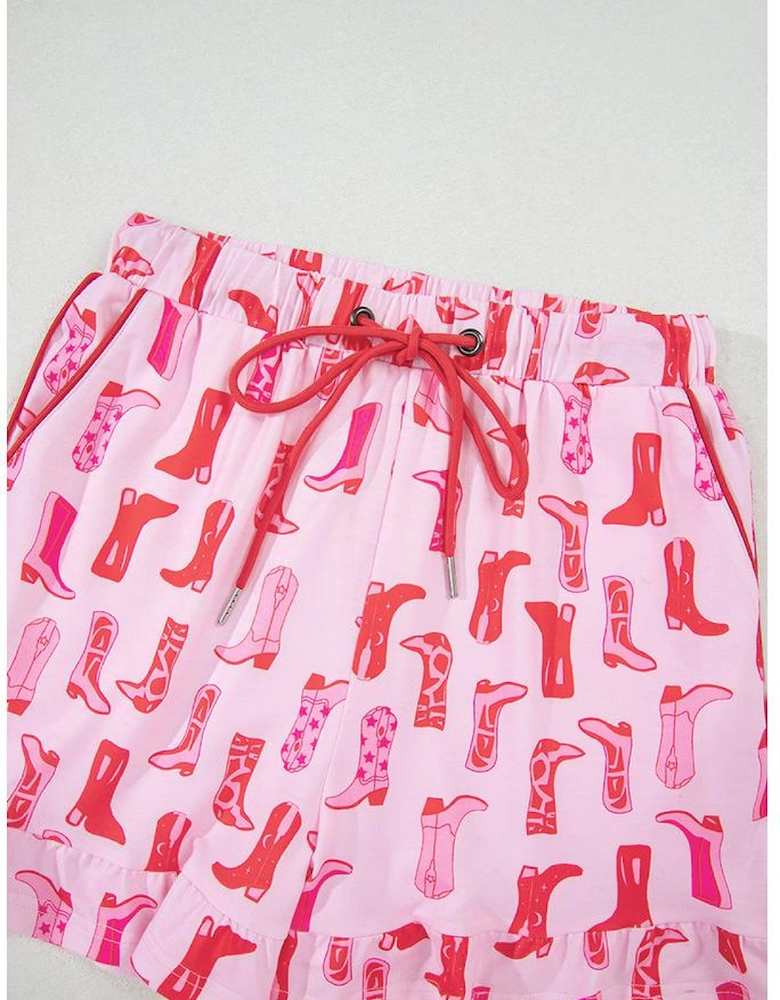 Pink Western Cowgirl Boots Printed Shirt Ruffled Shorts Pajama Set