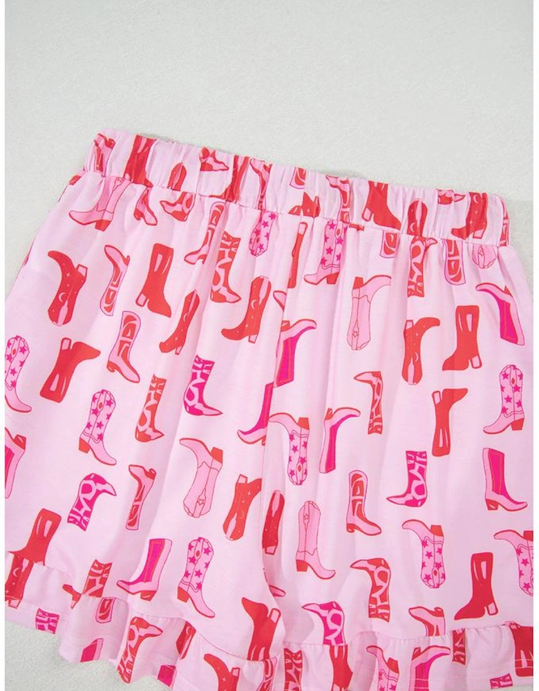 Pink Western Cowgirl Boots Printed Shirt Ruffled Shorts Pajama Set