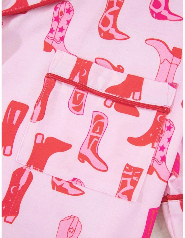 Pink Western Cowgirl Boots Printed Shirt Ruffled Shorts Pajama Set