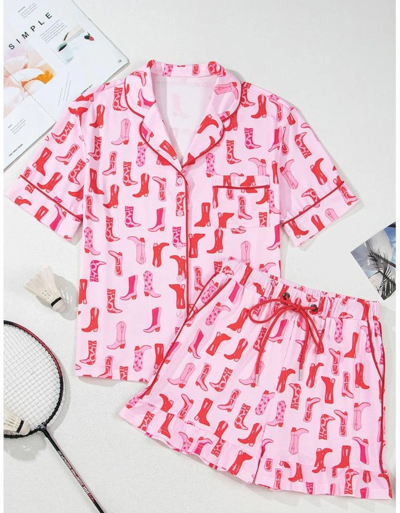 Pink Western Cowgirl Boots Printed Shirt Ruffled Shorts Pajama Set