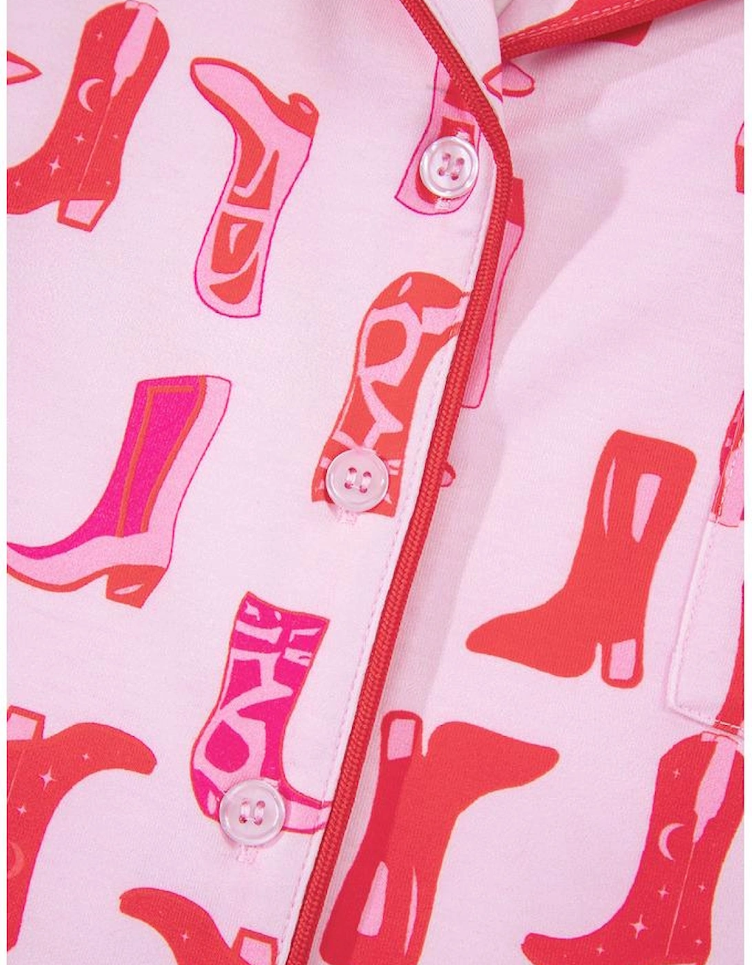 Pink Western Cowgirl Boots Printed Shirt Ruffled Shorts Pajama Set