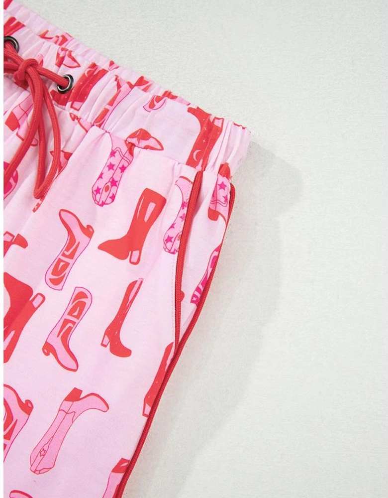 Pink Western Cowgirl Boots Printed Shirt Ruffled Shorts Pajama Set