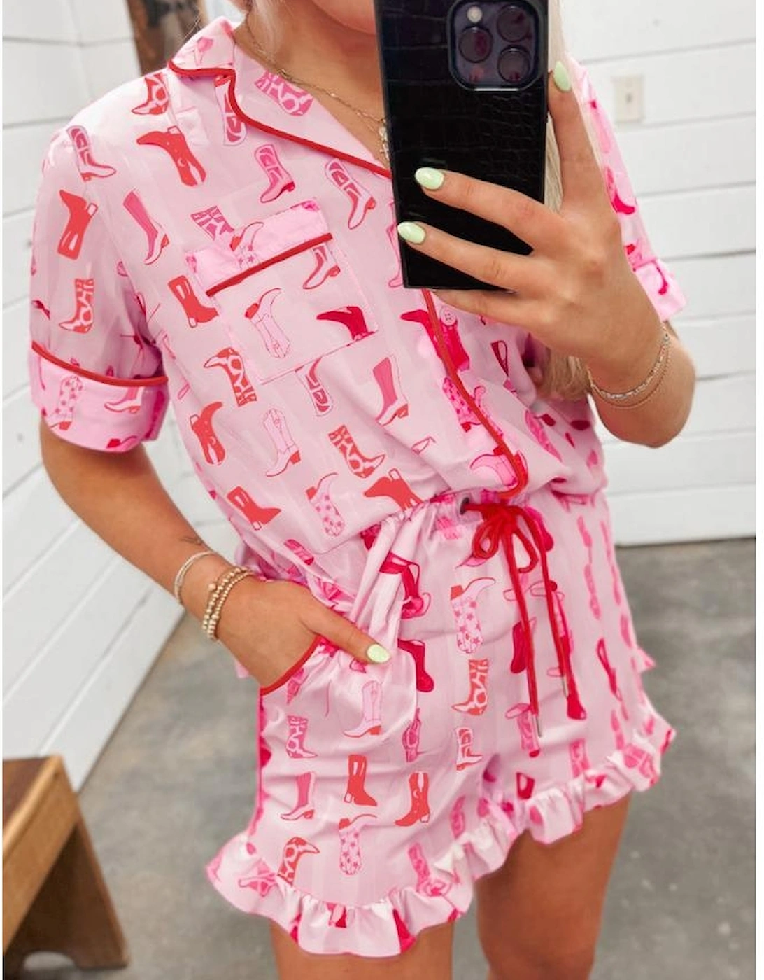 Pink Western Cowgirl Boots Printed Shirt Ruffled Shorts Pajama Set