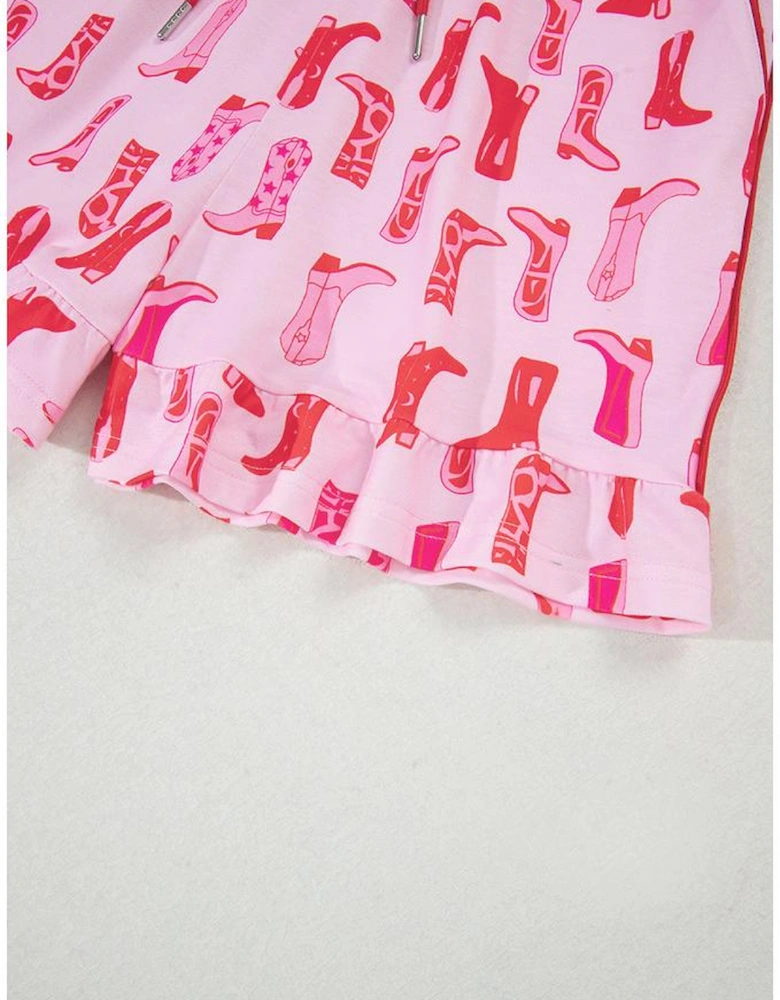 Pink Western Cowgirl Boots Printed Shirt Ruffled Shorts Pajama Set