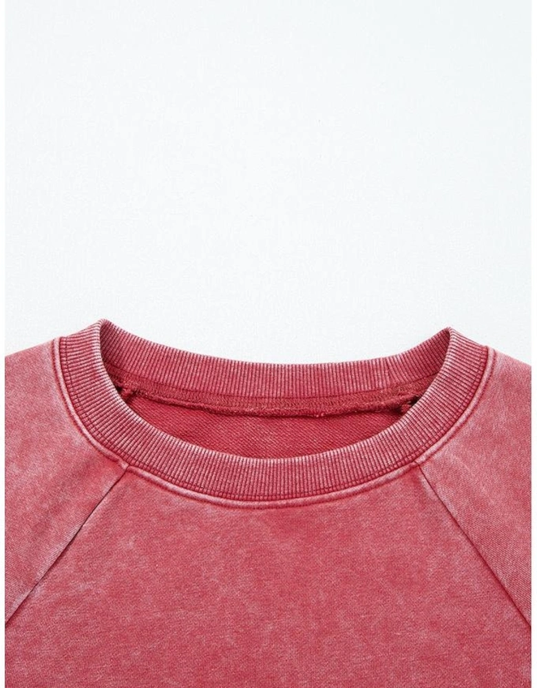 Racing Red Mineral Wash Raglan Sleeve Raw Hem Crop Sweatshirt