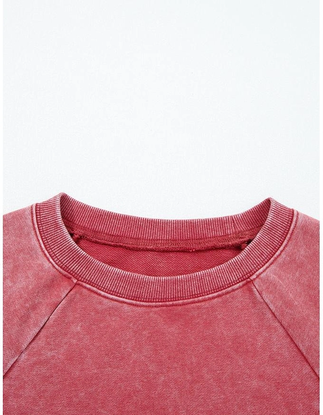 Racing Red Mineral Wash Raglan Sleeve Raw Hem Crop Sweatshirt