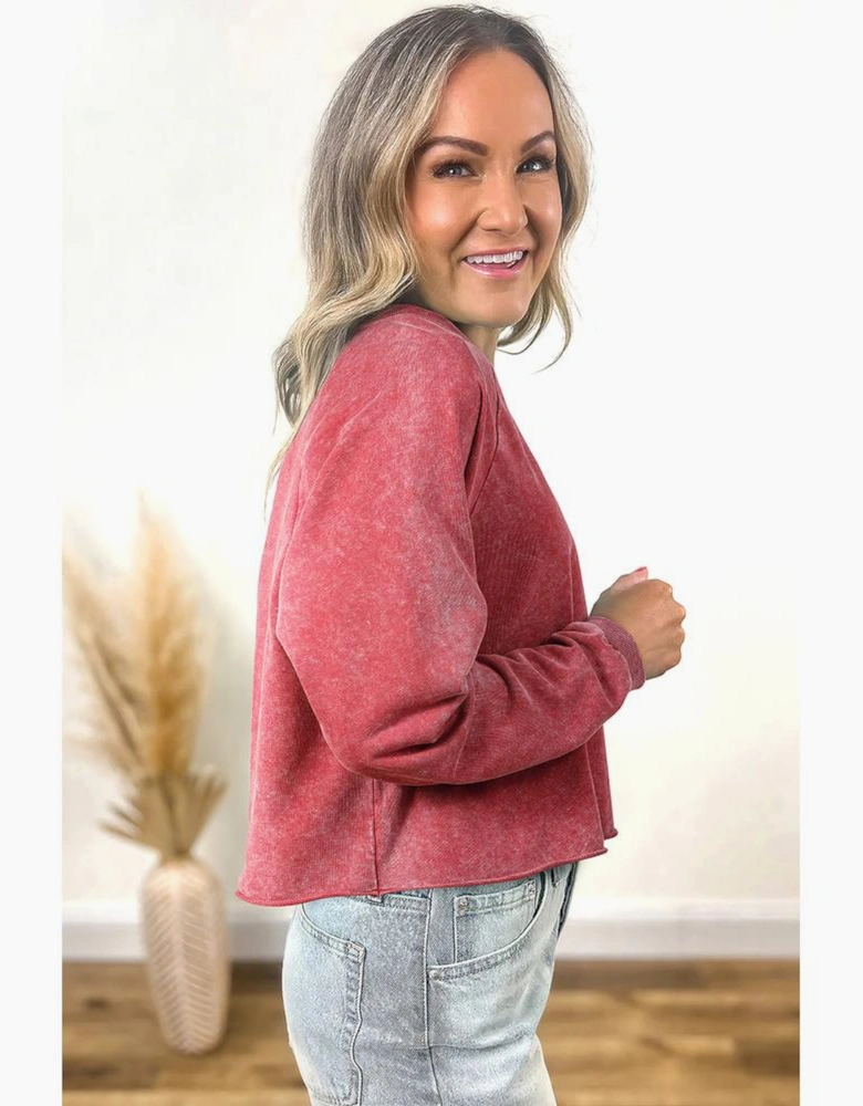 Racing Red Mineral Wash Raglan Sleeve Raw Hem Crop Sweatshirt
