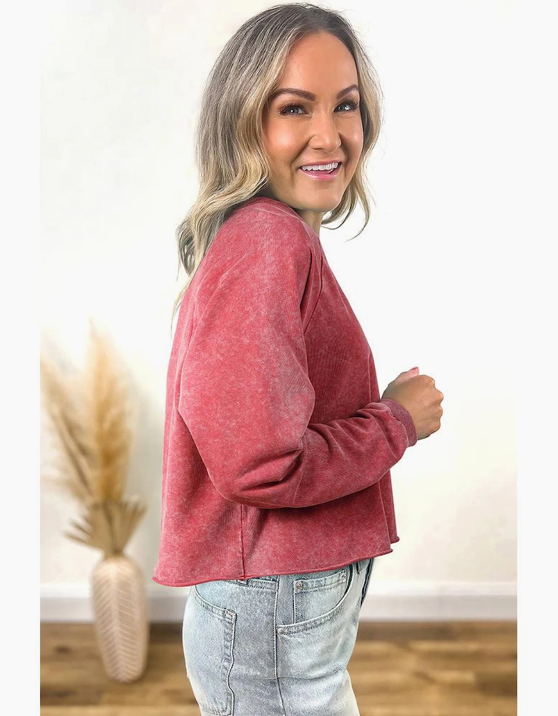 Racing Red Mineral Wash Raglan Sleeve Raw Hem Crop Sweatshirt, 11 of 10