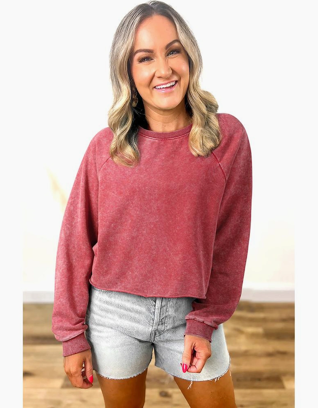 Racing Red Mineral Wash Raglan Sleeve Raw Hem Crop Sweatshirt