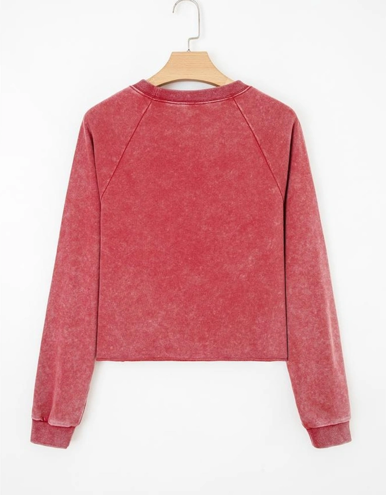 Racing Red Mineral Wash Raglan Sleeve Raw Hem Crop Sweatshirt