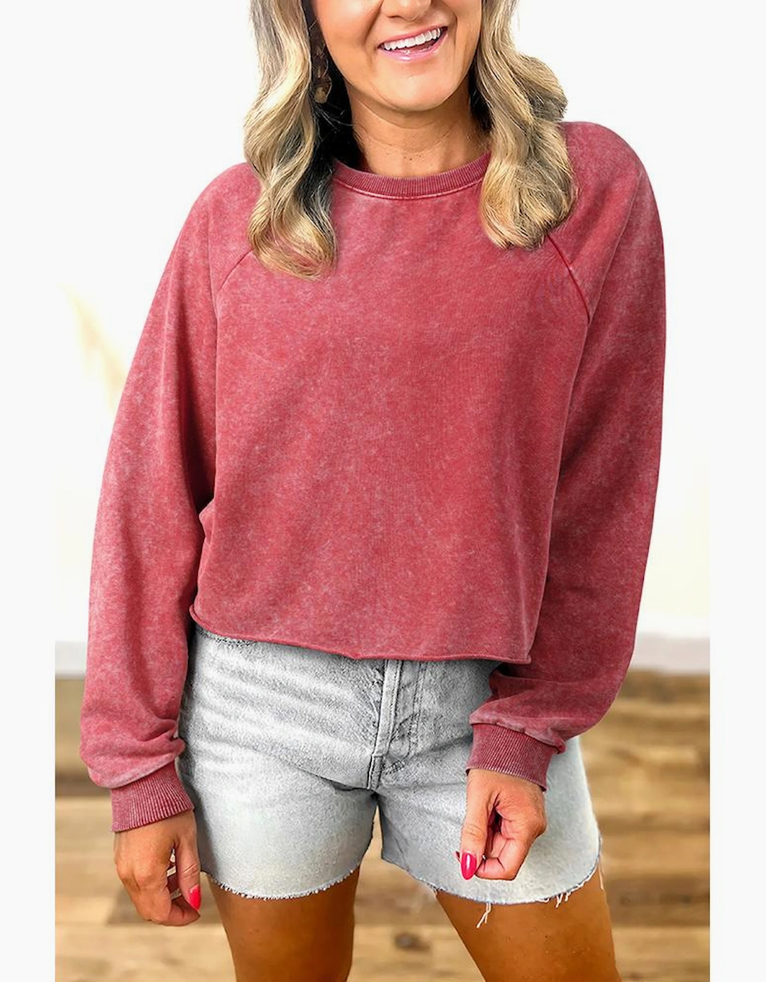 Racing Red Mineral Wash Raglan Sleeve Raw Hem Crop Sweatshirt