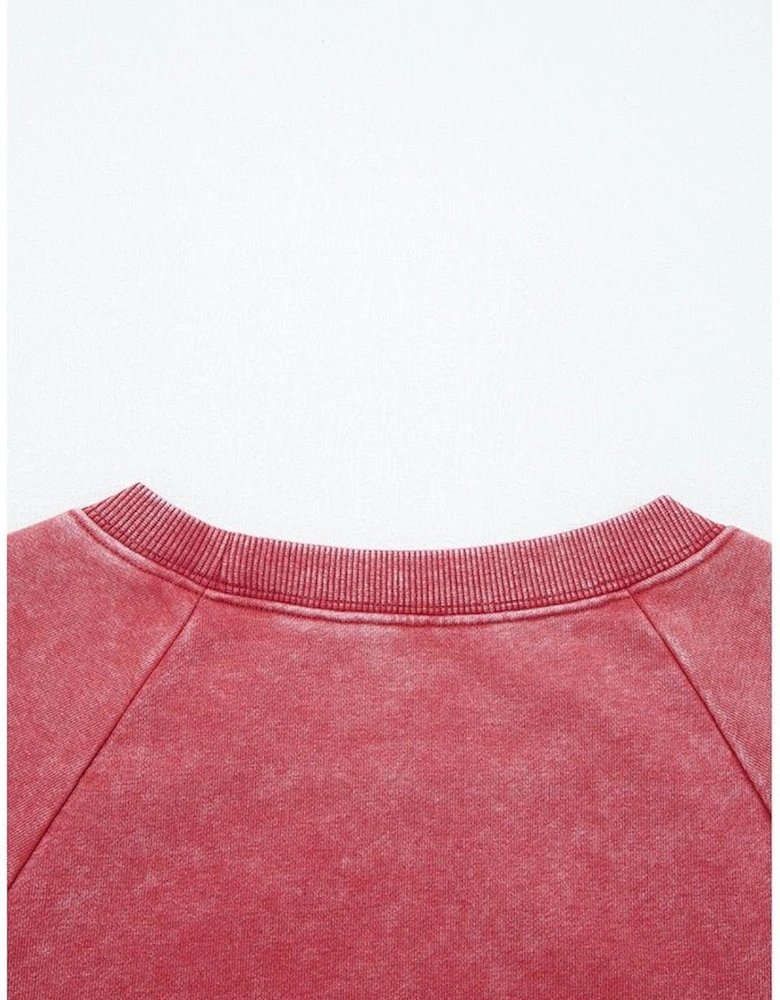 Racing Red Mineral Wash Raglan Sleeve Raw Hem Crop Sweatshirt
