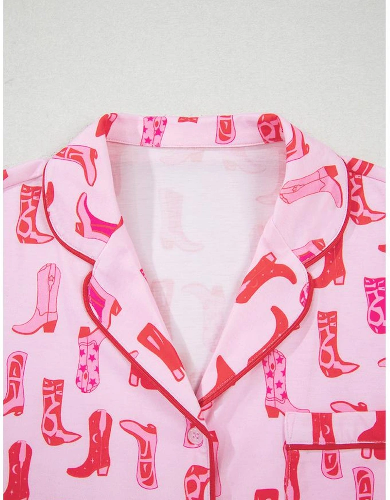 Pink Western Cowgirl Boots Printed Shirt Ruffled Shorts Pajama Set