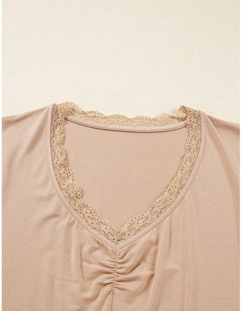 Smoke Gray Lace-trimmed Sweetheart Neckline Ruched Detail Long Sleeve T-shirt
