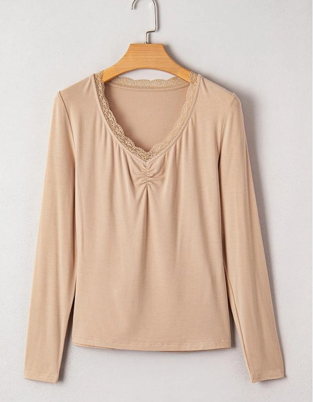 Smoke Gray Lace-trimmed Sweetheart Neckline Ruched Detail Long Sleeve T-shirt