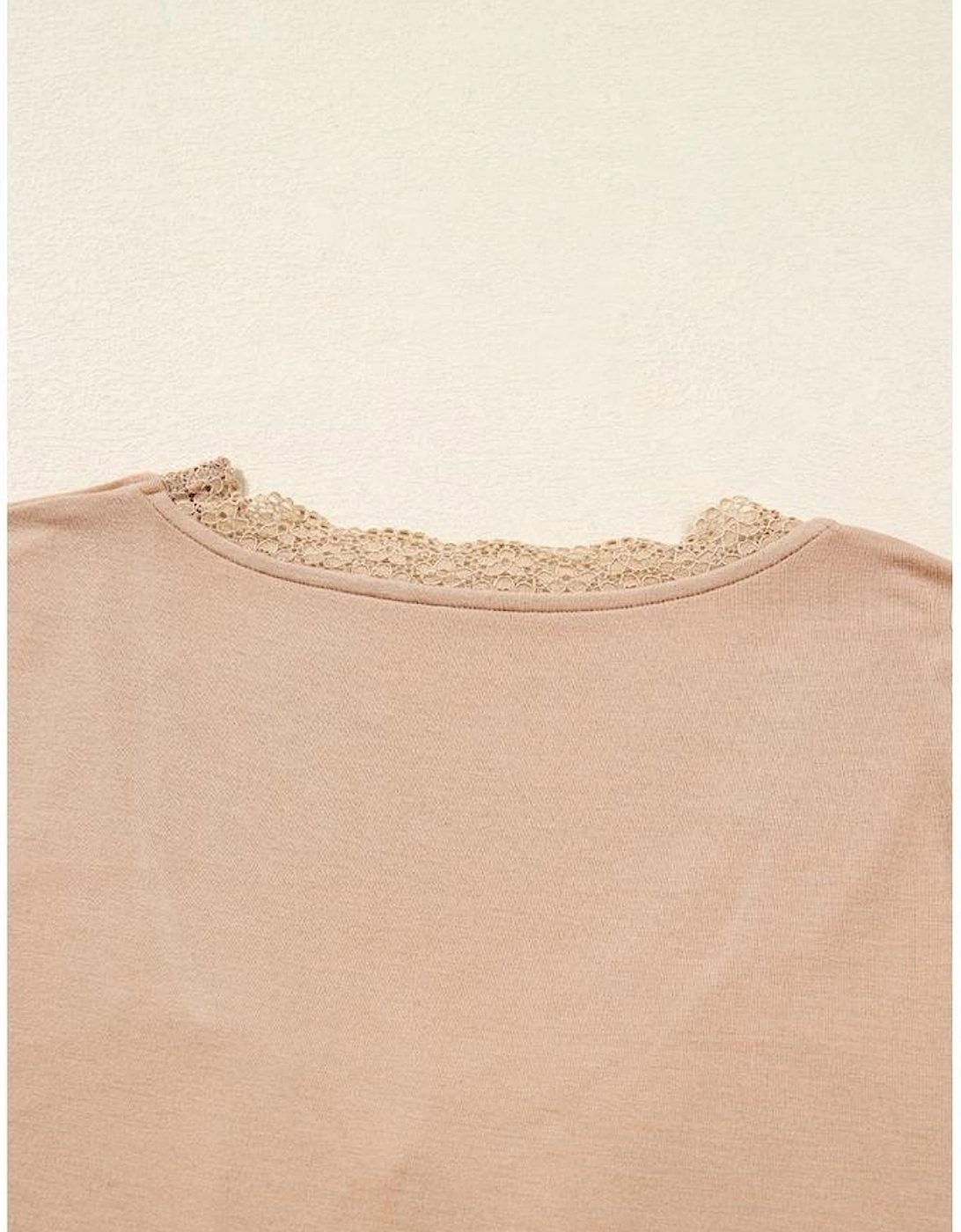 Smoke Gray Lace-trimmed Sweetheart Neckline Ruched Detail Long Sleeve T-shirt