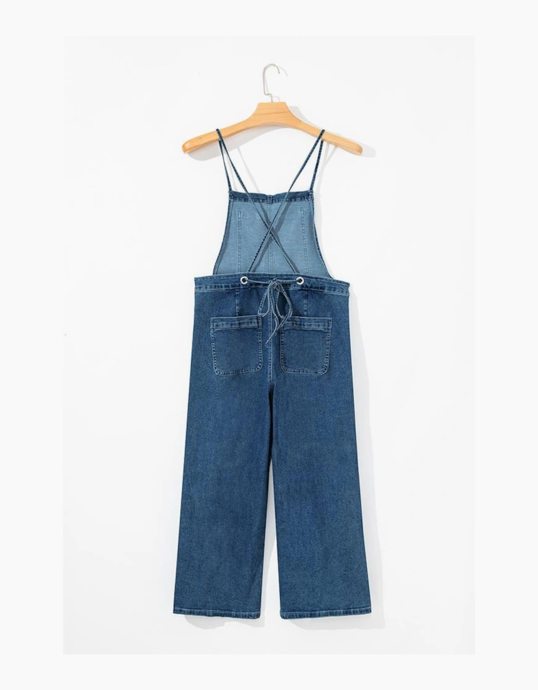 Dusk Blue Adjustable Tie Straps Cropped Wide Leg Denim Overalls