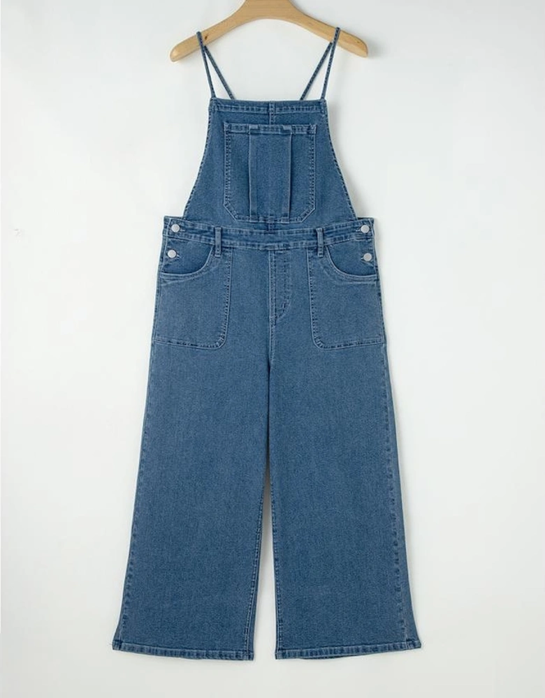 Dusk Blue Adjustable Tie Straps Cropped Wide Leg Denim Overalls