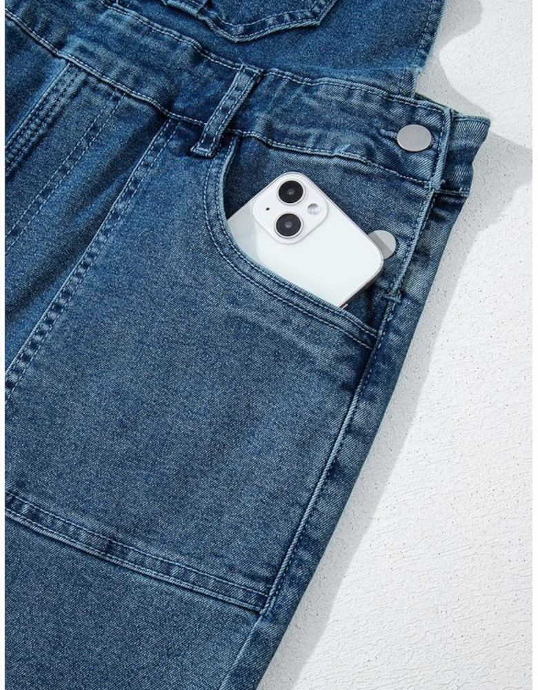 Dusk Blue Adjustable Tie Straps Cropped Wide Leg Denim Overalls