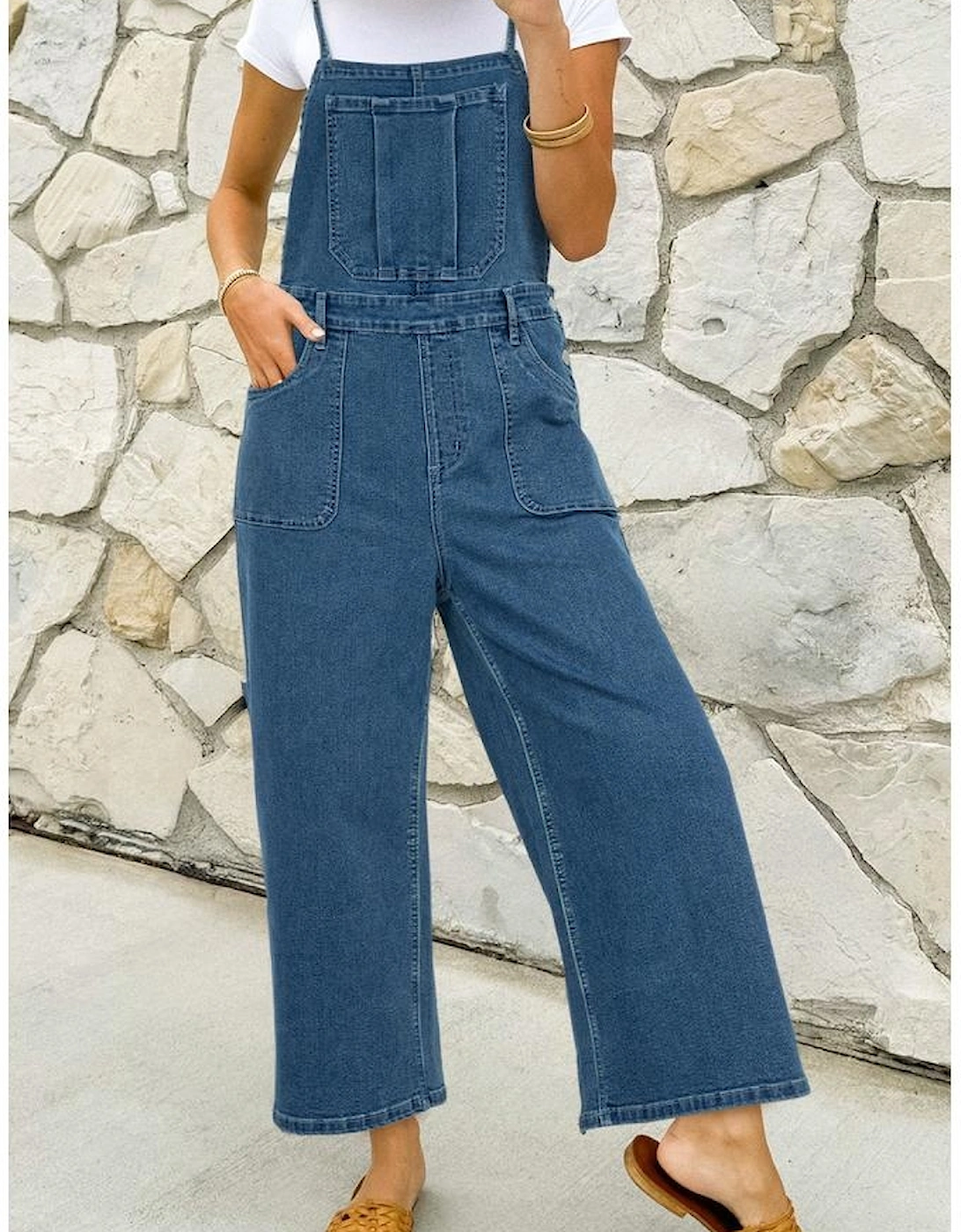 Dusk Blue Adjustable Tie Straps Cropped Wide Leg Denim Overalls