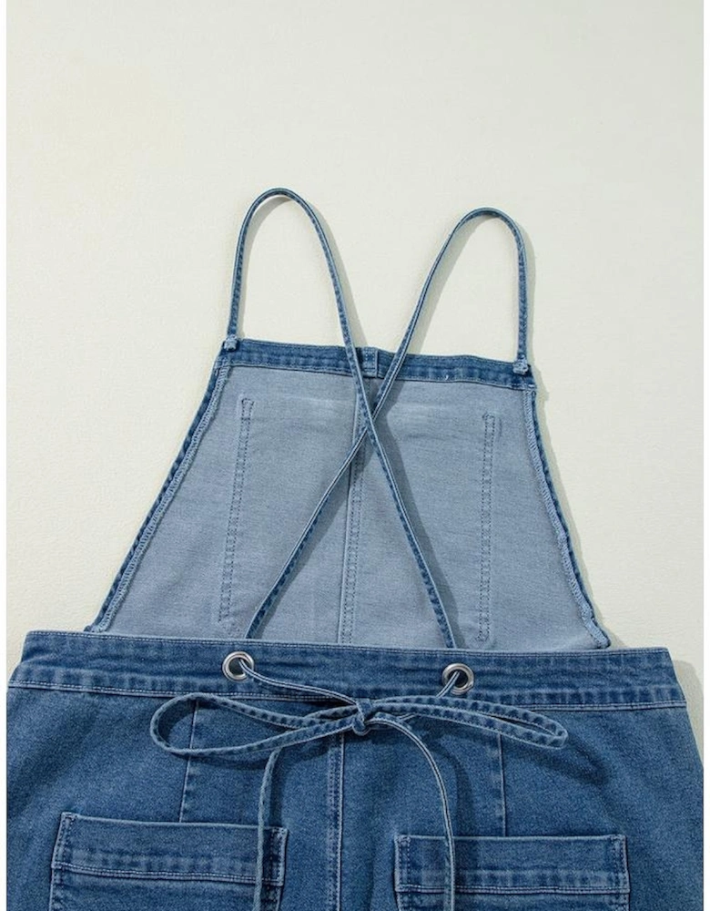 Dusk Blue Adjustable Tie Straps Cropped Wide Leg Denim Overalls