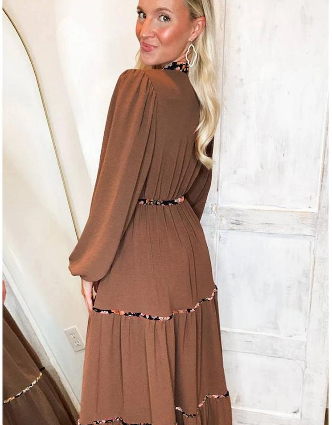 Chestnut Floral Patchwork Detail Notched Neck Long Sleeve Maxi Dress, 5 of 4