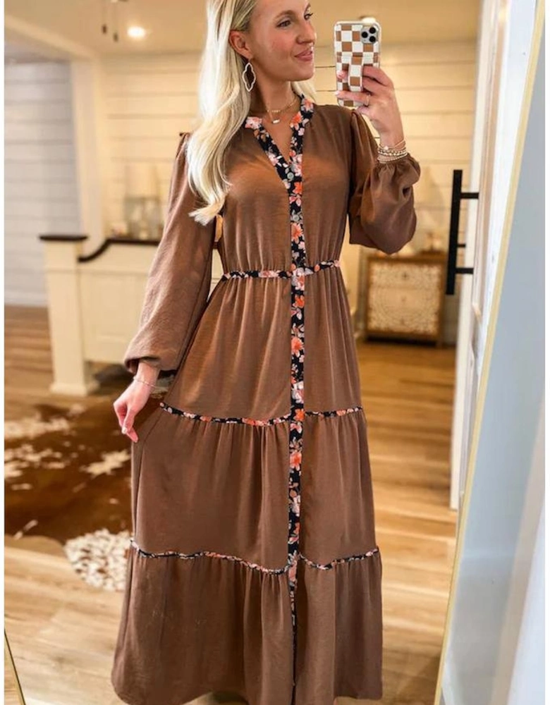 Chestnut Floral Patchwork Detail Notched Neck Long Sleeve Maxi Dress