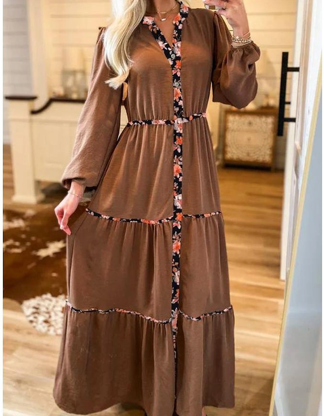 Chestnut Floral Patchwork Detail Notched Neck Long Sleeve Maxi Dress