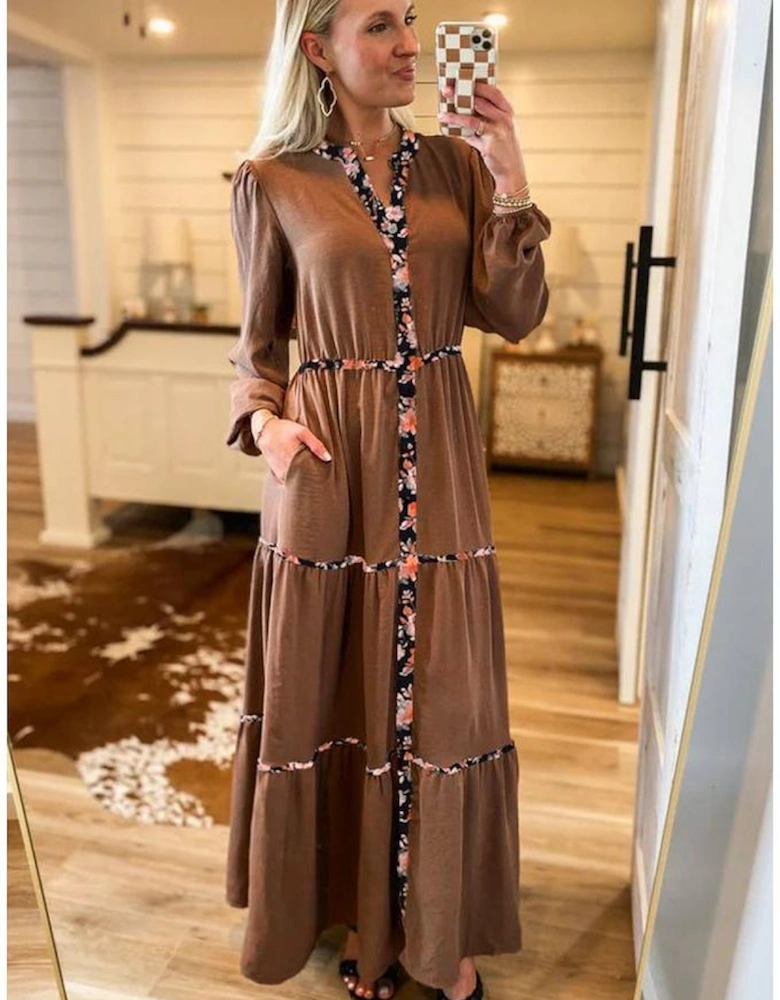 Chestnut Floral Patchwork Detail Notched Neck Long Sleeve Maxi Dress