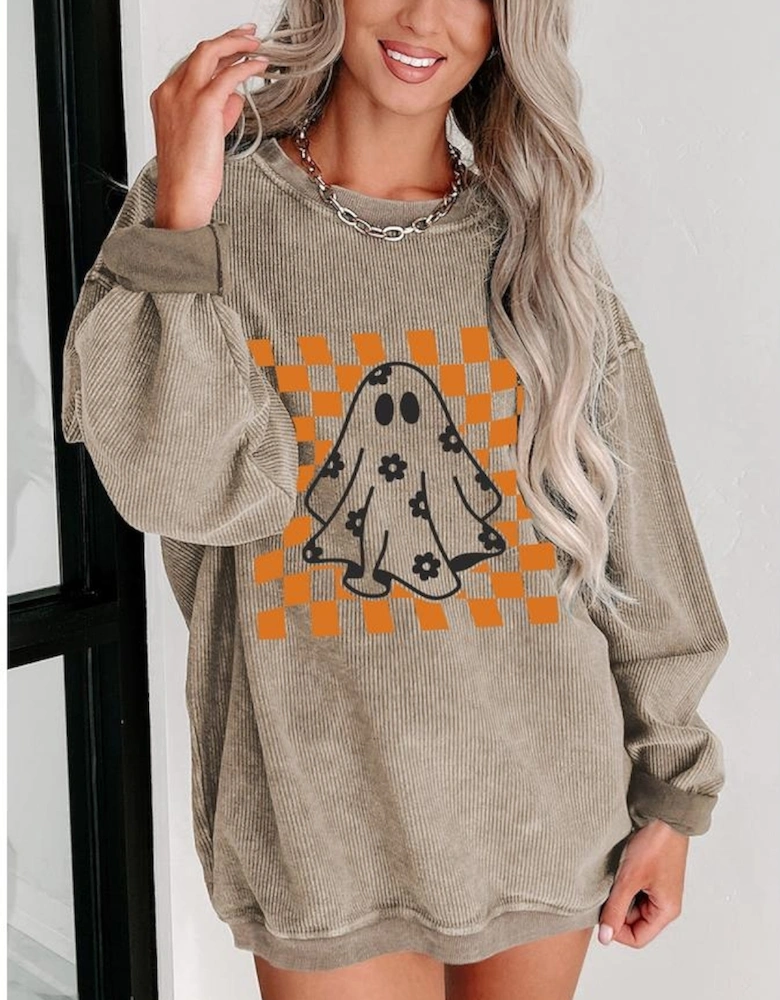 Khaki Checkerboard Floral Ghost Graphic Corded Halloween Sweatshirt