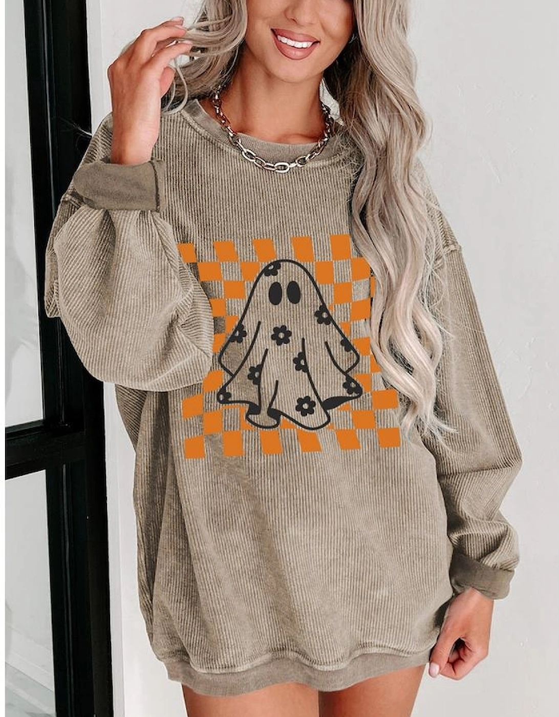 Khaki Checkerboard Floral Ghost Graphic Corded Halloween Sweatshirt