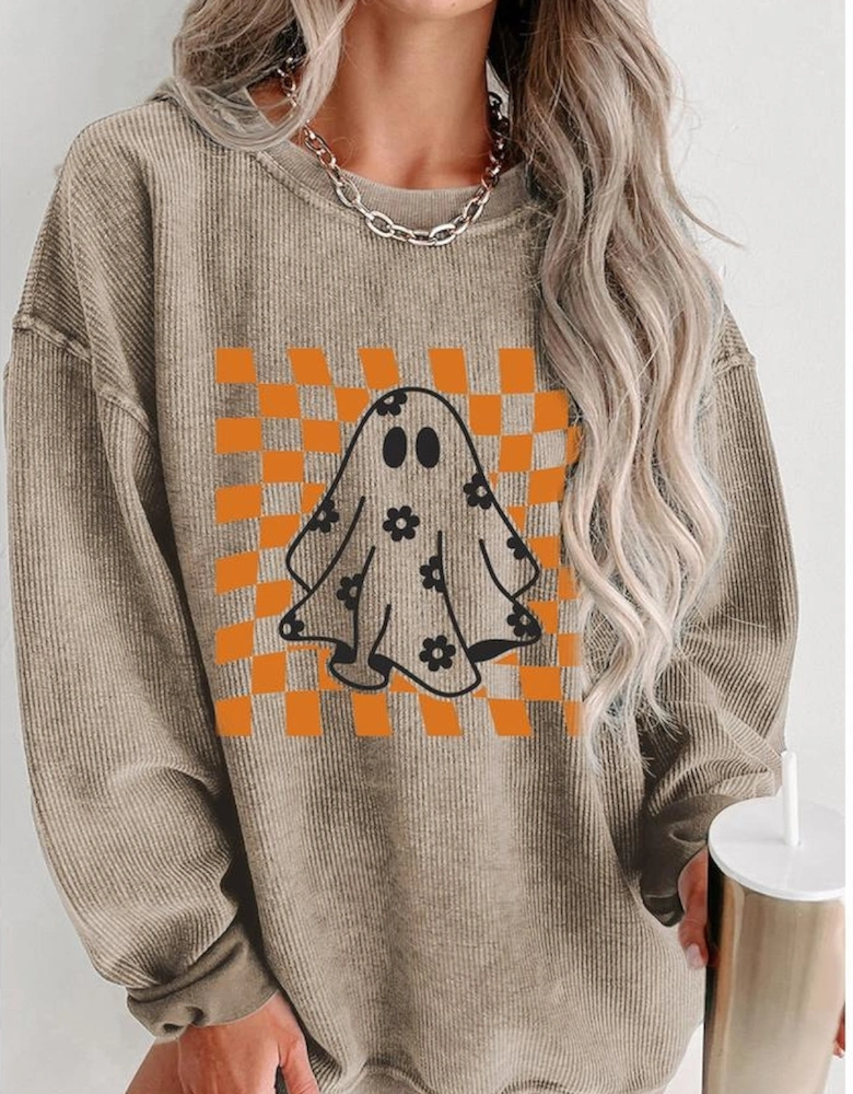 Khaki Checkerboard Floral Ghost Graphic Corded Halloween Sweatshirt