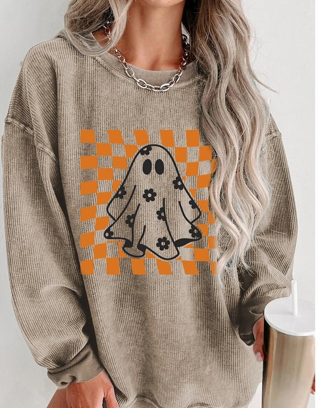 Khaki Checkerboard Floral Ghost Graphic Corded Halloween Sweatshirt