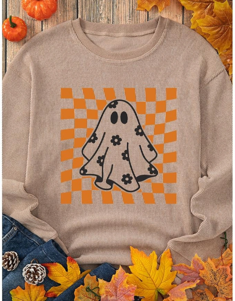 Khaki Checkerboard Floral Ghost Graphic Corded Halloween Sweatshirt