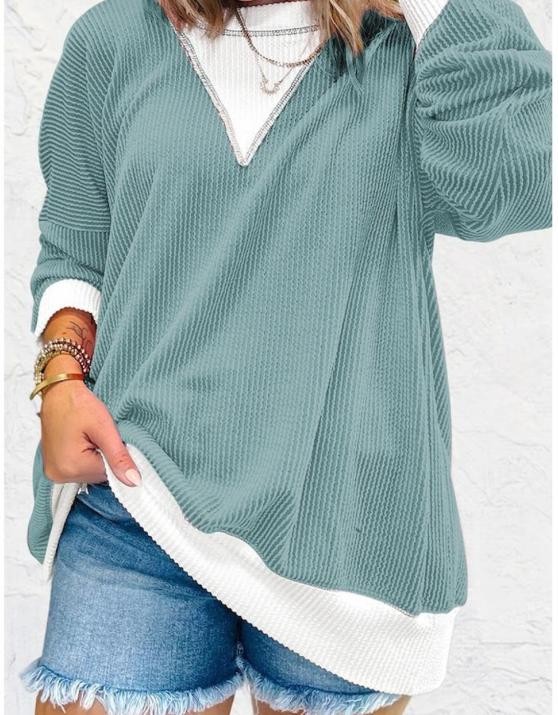 Light Blue Corded Colorblock Drop Shoulder Loose Top