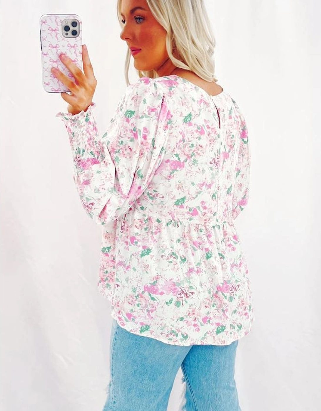 Pink Floral Print Shirred Balloon Sleeve Keyhole Back Babydoll Blouse