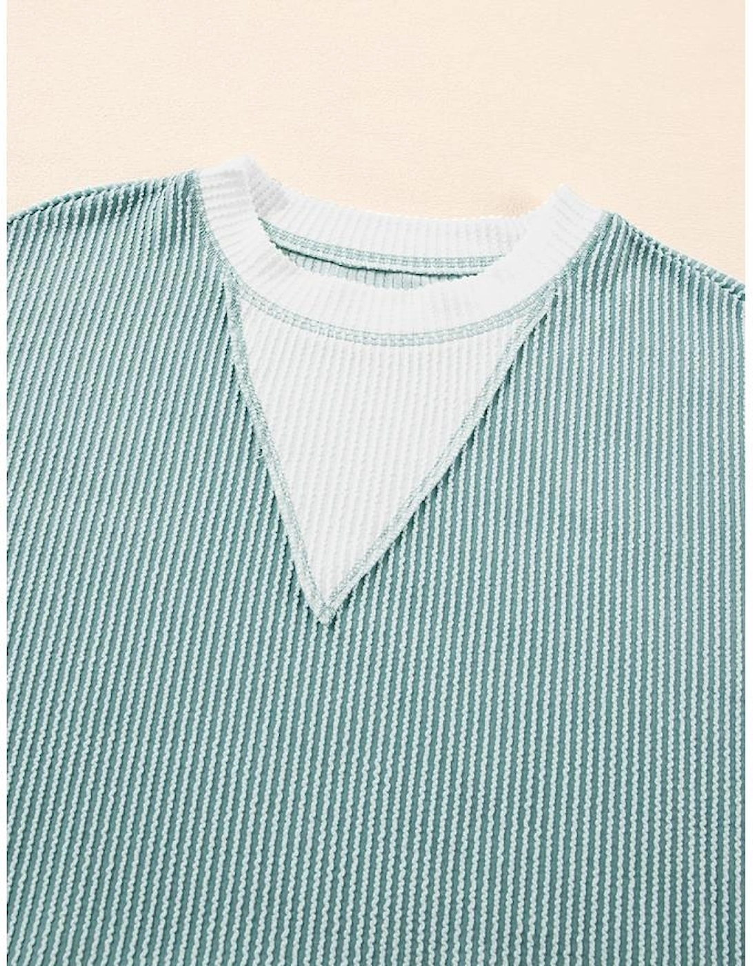 Light Blue Corded Colorblock Drop Shoulder Loose Top