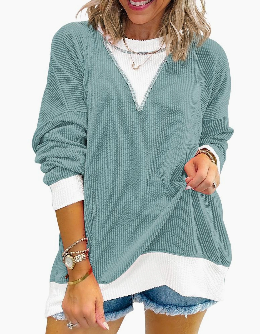 Light Blue Corded Colorblock Drop Shoulder Loose Top