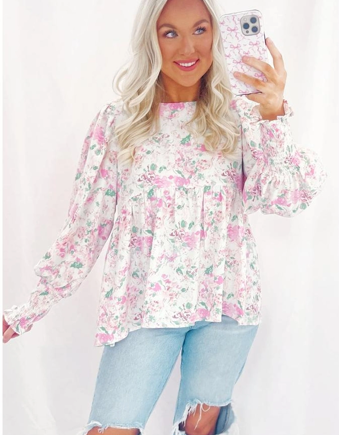 Pink Floral Print Shirred Balloon Sleeve Keyhole Back Babydoll Blouse