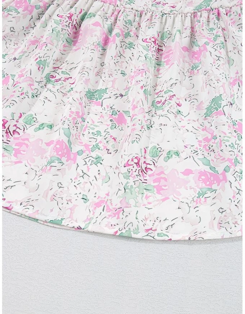 Pink Floral Print Shirred Balloon Sleeve Keyhole Back Babydoll Blouse