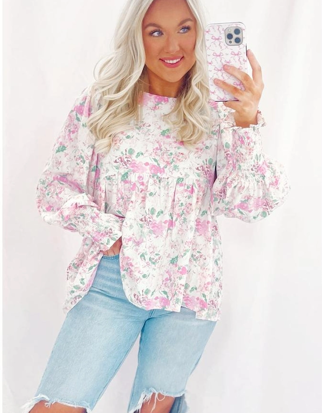 Pink Floral Print Shirred Balloon Sleeve Keyhole Back Babydoll Blouse