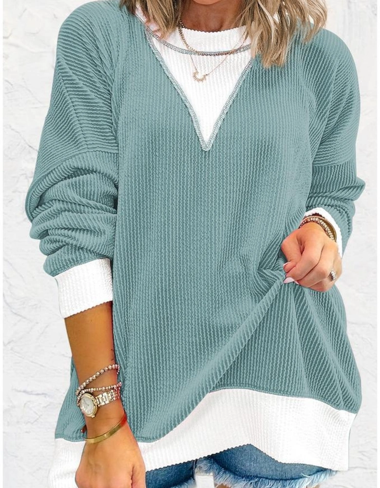 Light Blue Corded Colorblock Drop Shoulder Loose Top