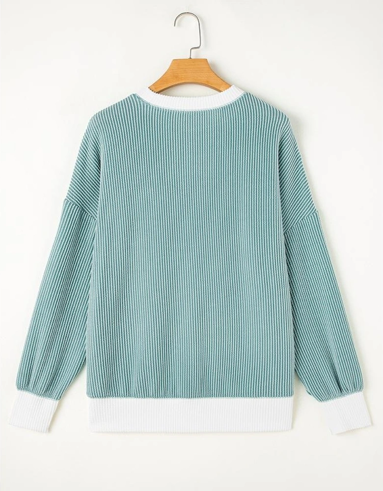 Light Blue Corded Colorblock Drop Shoulder Loose Top