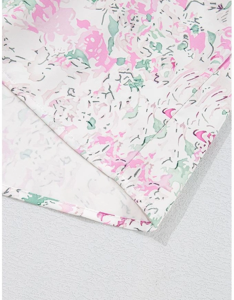 Pink Floral Print Shirred Balloon Sleeve Keyhole Back Babydoll Blouse