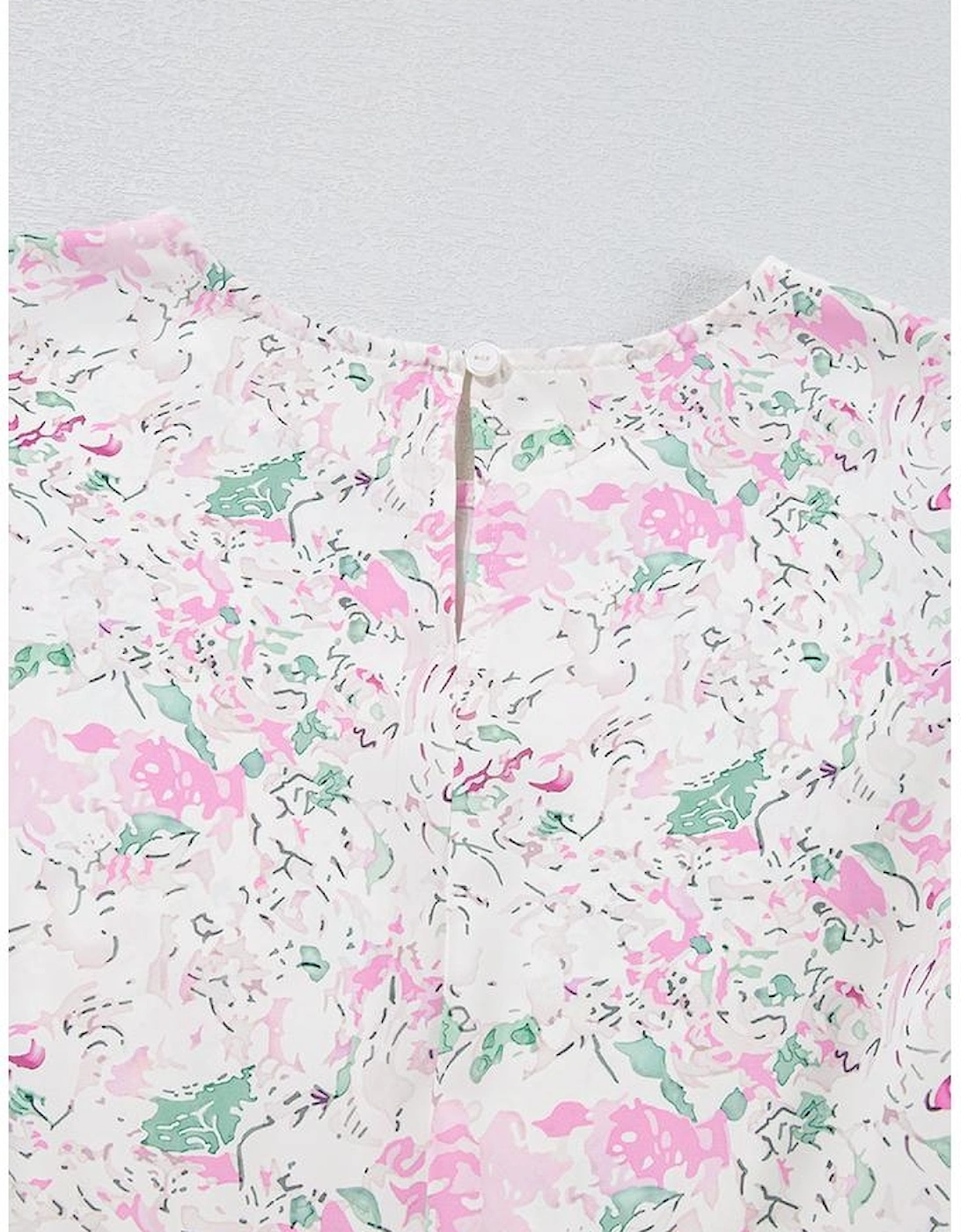 Pink Floral Print Shirred Balloon Sleeve Keyhole Back Babydoll Blouse