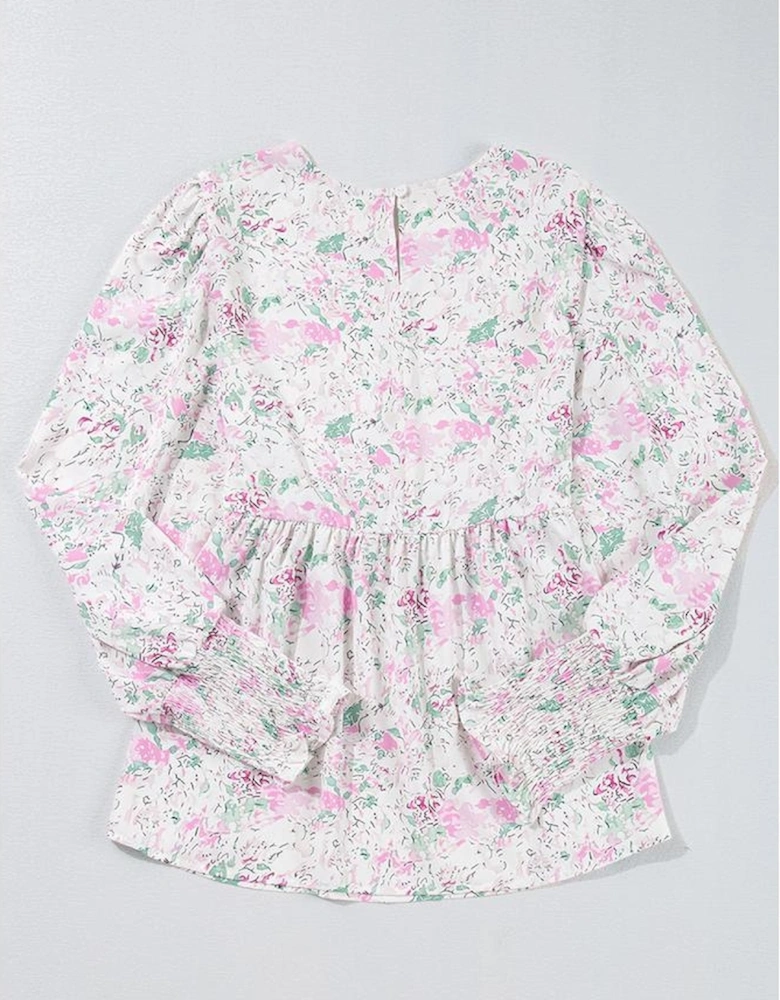 Pink Floral Print Shirred Balloon Sleeve Keyhole Back Babydoll Blouse