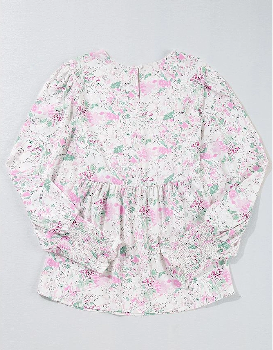 Pink Floral Print Shirred Balloon Sleeve Keyhole Back Babydoll Blouse