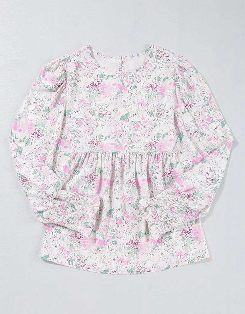 Pink Floral Print Shirred Balloon Sleeve Keyhole Back Babydoll Blouse