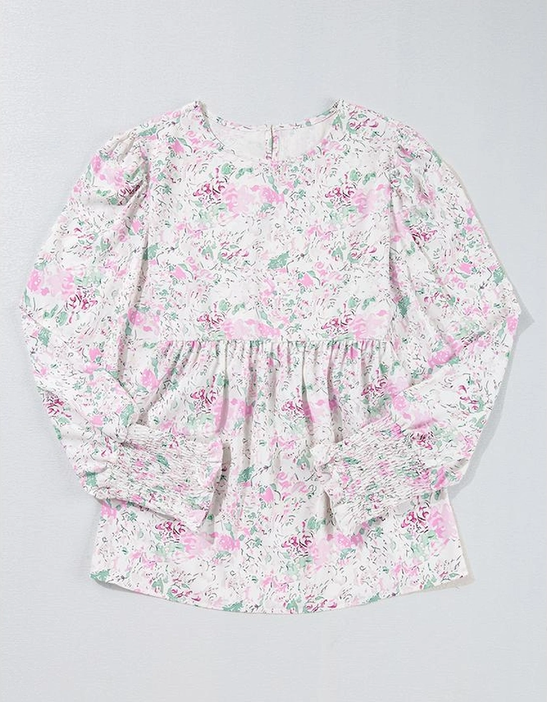 Pink Floral Print Shirred Balloon Sleeve Keyhole Back Babydoll Blouse