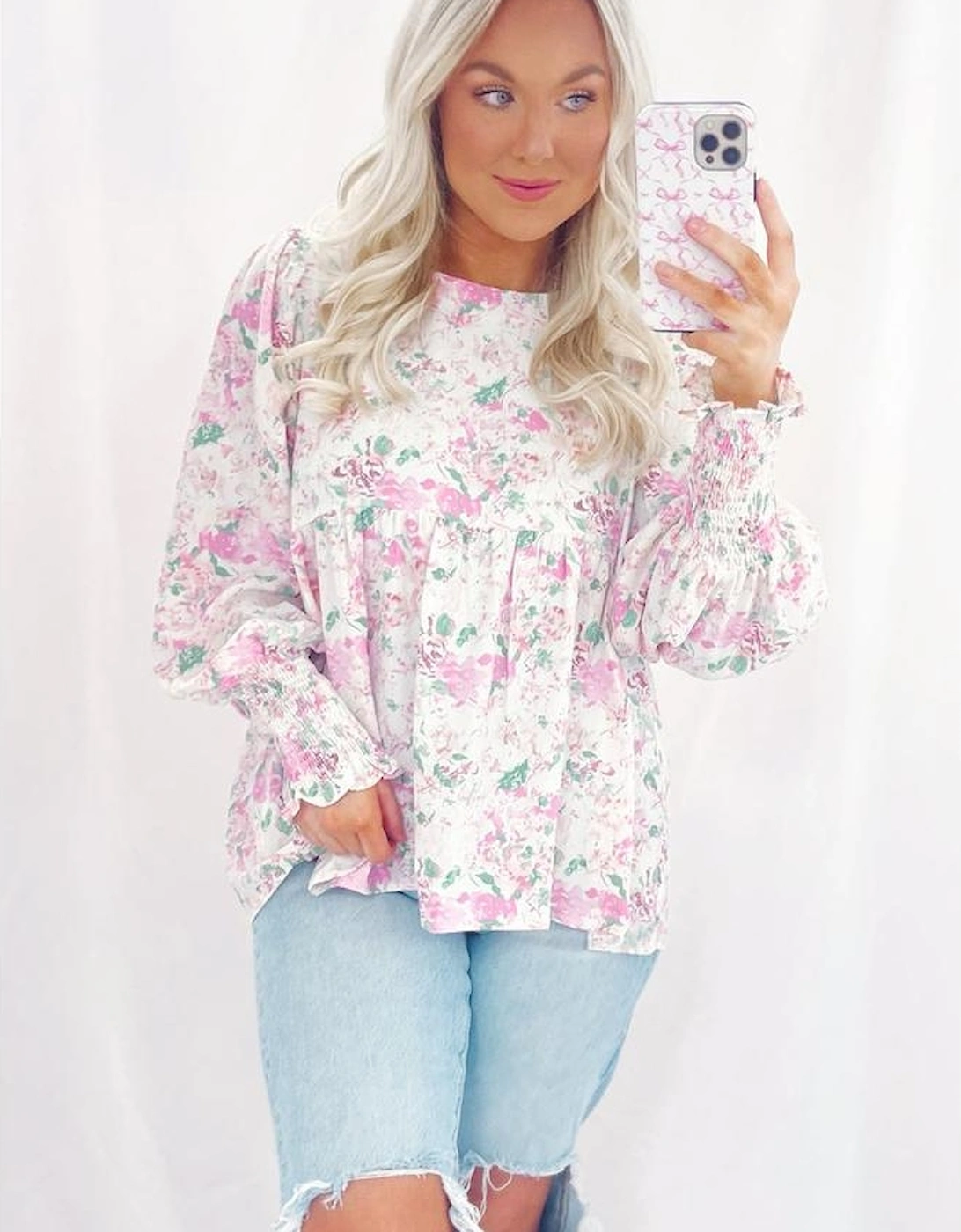 Pink Floral Print Shirred Balloon Sleeve Keyhole Back Babydoll Blouse